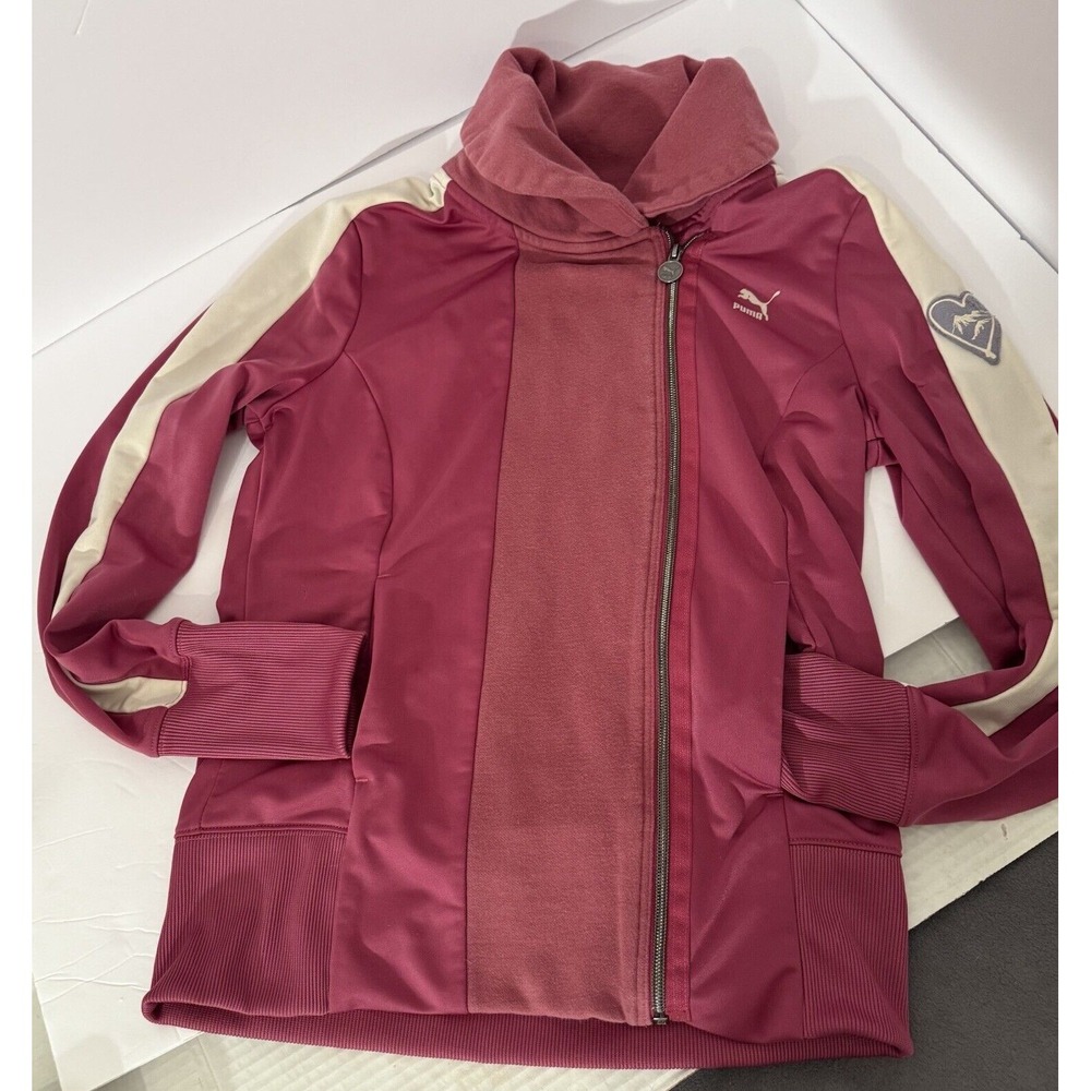 PUMA Full Off-Center Zip Women Sz M-Fuchsia -Activewear-Foldable Collar-Logos